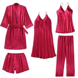 Sexy Lace Nightwear 5PCS Pyjamas Suit Homewear Red Satin Home Clothing Casual Sleepwear Summer Kimono Bathrobe Gown Nightgown Y200708