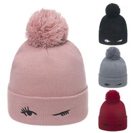 Beanie/Skull Caps Thickened Knitted Hat Blinking Embroidery Women's Warm Women Cap Ear Embroidered Pullover Autumn Winter Knitted1