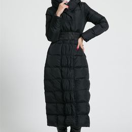 new womens winter Long down jackets hooded belt big size black navy blue plus size thickening outerwear coats 201029