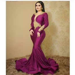 Fuchsia Mermiad Evening Dresses Long Sleeves Muslim Gold Lace Sweep Train Prom Dress Sexy Dubai Women Party Gowns With Appliqued