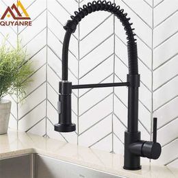 Quyanre Matte Black Kitchen Sink Faucet Pull Down Single Handle Mixer Tap 360 Rotation Torneira Cozinha 220125