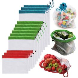 Reusable Drawstring Mesh Vegetable Fruit Bag Home Kitchen Storage Bag Polyester Washable Organizer Bags Shopping Sundries Pouch