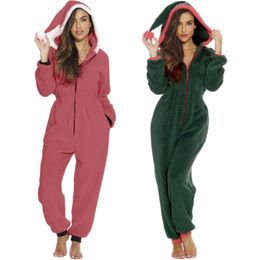 Women Fleece Jumpsuits Christmas Pajamas Santa Sleepwear Xmas Long Sleeve Zipper Hooded Rompers Fall Winter Warm Jumpsuits 201007