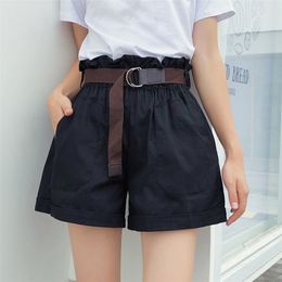 Women Korean Simple Shorts With Belt Solid Loose Wide Leg High Waist Slim Casual Short 2020 Summer Female Black Paperbag Shorts T200701