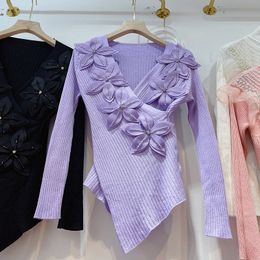 Neues Design Damen Herbst V-Ausschnitt Perlen 3D Blumen Patchwork Langarm gestrickte asymmetrische Pullover Top Pullover