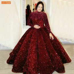 Dubai Sequined Evening Dresses Lace Up Ball Gown Fluffy Sparkly Muslim Women Party Dress Long Sleeves Custom Made Robe De Soiree LJ201123