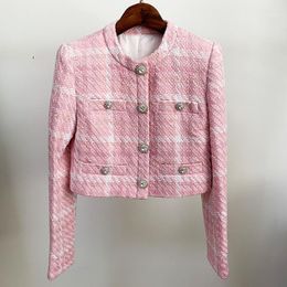Pink Plaid Woven Woollen Women Jacket Coat 2021 Autumn Winter Custom Fabric Diamond Button Short Jackets Coats Women High Quality1