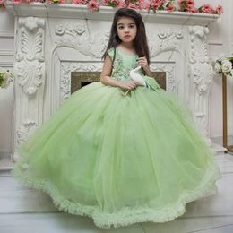 Lace Beaded Flower Girl Dresses Mint Ball Gown Tulle Little Girl Pageant Dresses Wedding Dresses Cheap Communion Gowns V14