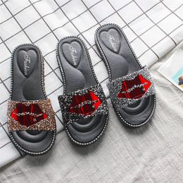 hot salewomen bling lips sequined cloth summer slippers ladies flat comfort casual beach shoes female slip on fashion footwear