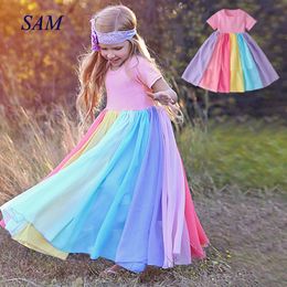 Summer Girls Short Sleeve Dress 2020 INS Long Rainbow Colour Stitching Dresses for Kids Children's Clothes Dress For Girl 2-8 Y LJ200923