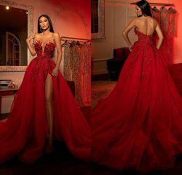 Berta 2022 Red Split Vestidos de baile Sexy Sweetheart Lace Appliqued Frisado Formal Vestidos de Noite Uma Linha Vestidos de Soiree
