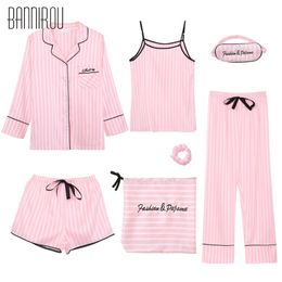 7 Piece Striped Woman Pyjama Set Silk Pink Full Shorts Spaghetti Strap Suit Summer Spring Autumn Winter New Female Lovely Pyjama Y200708