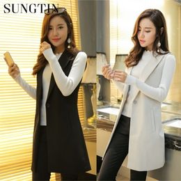 Sungtin Classic Women Long Blazer Vest Elegant Office Lady Coat Female Waistcoat Causal Suits Sleeveless Jacket Plus Size 201102