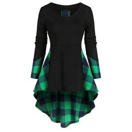 Plus Size Tops Long Sleeves 5XL For women Plaid Lace Up Asymmetrical High Low Tops Female O-Neck T-shirt Tops de mujer 201028