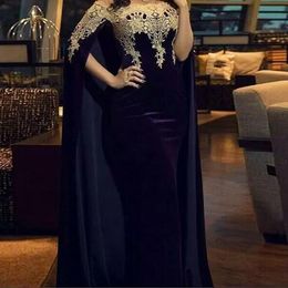 Muslim Evening Dress With Cape Appliques Lace African Velour Prom Dreess Mermaid Long Women Gowns Vestidos 322