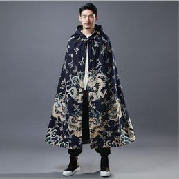 2021 autumn winter Ethnic Cape dragon pattern Plush Cape ancient Chinese Style hanfu Overcoat opera Cotton Linen cloak Blue Red