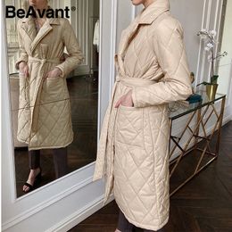 BeAvant Long straight coat with rhombus pattern Casual sashes women winter parka Deep pockets tailored collar stylish outerwear 201119