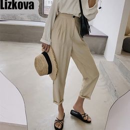 Lizkova Ankle Length Trousers Women High Waist White Herem Pants Loose Cotton Casual Trousers 201119