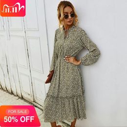 Women Long Dress Autumn Winter Ladies Long Sleeve Casual Flower Clothes Dresses For Women Fall Clothing Green 201029