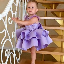 Cute Purple Flower Girls Dresses Floor Length Matched Bow Flower Sash Princess Tulle Child First Communion Dress