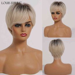 light ash blonde hair UK - Hair Synthetic Wigs Cosplay Louis Ferre Short Ombre Black Ash Light Blonde White Synthetic Wigs with Bangs for Woman Afro Cosplay Wig High-temperature 220225