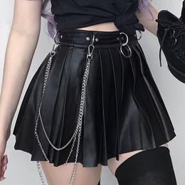 Goth Dark Grunge Punk Summer Gothic Skirts For Women Streetwear Zippper Rivet Pleated Black Metal Ring Skirt PU Sexy Hollow Out T200324