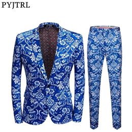 PYJTRL Brand Mens Vintage Royal Blue Floral Print Slim Fit Casual Suits With Pants Veste Homme Mariage Groom Wedding Suits 201105