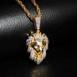 High Quality Yellow Gold Plated Full Bling CZ Lion Pendant Necklace with Rope Chain for Men Women Hip Hop Jewellery