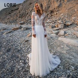 LORIE Beach Bohemian Wedding Dresses V Neck Long Sleeves Lace Appliques Dream Bridal Gowns Boho A Line Princess Gowns Plus Size 201114