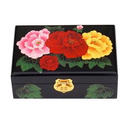 -2 capas Caja de joyería de madera decorativa vintage con bloqueo Lacquerware China Jewel Caja de almacenamiento Cumpleaños regalo de regalo de regalo Caja de maquillaje