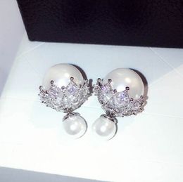 Super glittering ins fashion designer double sided diamond lace double sides pearl stud earrings for woman girls