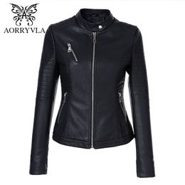 AORRYVLA Black Short Autumn Womens Leather Jacket Long Sleeve Mandarin Collar Moto Biker Zipper Slim Quilted PU Leather Jacket 210201