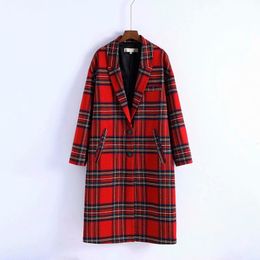 Women Vintage Winter Red Plaid Coat Long Woolen Single-breasted Female Wide-Waisted Wool Coats Jacket Parka 201102