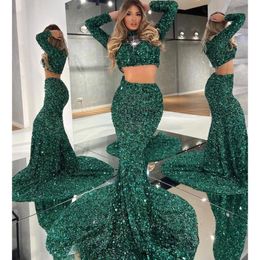 Glitter Hunter Green Sequins Prom Dresses Two Pieces Sleeves Mermaid Long Party Dress Women Elegant Pageant Gowns Customised 322