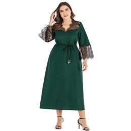 Siskakia Elegant ladies Plus Size Dress Fashion Mesh Lace Perspective Patchwork V Neck Long Sleeve Spring Dresses Green 2020 New Y0118