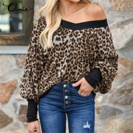 Celmia Fashion Women Shirts Sexy Leopard Print Blouse Long Sleeve V-Neck Knitted Casual Tops Pull Femme Loose Vintage Blusas 5XL T200321