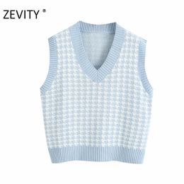 ZEVITY New Women fashion v neck houndstooth plaid patchwork vest jacket office ladies sleeveless casual slim waistCoat tops S378 201102