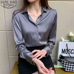 2021 Spring Office Lady Silk Blouse New Satin Shirts Women Chiffon Blouses Turn Down Collar Long Sleeve Tops Casual Loose Tops H1230