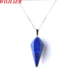 WOJIAER Necklace Natural Lapis Lazuli Gem Stone Hexagonal Pyramid Pendant Reiki Chakra Dangle Beads Jewelry Z9088