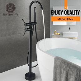 Matte Black Floorstanding Bathtub Faucet Set Dual Ceramic Handle Floor Mounted Claw Foot Bath Tub Mixers Swive Spout Tub Faucet T200710
