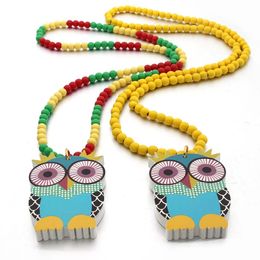 new 8mm wood beaded chain vintage femal winter long sweater chain trendy Colourful owl necklaces pendants for men women hip hop Jewellery