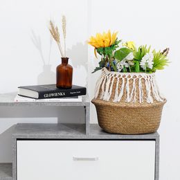 Handmade Home Decor Macrame Tassel Wicker Basket Seagrass Garden Flower Pot Foldable Laundry Storage Rattan Basket Toy Holder LJ201204