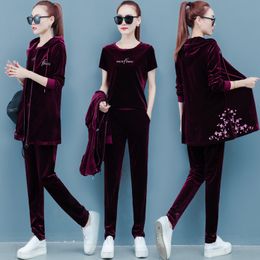 Velour Tracksuit Women Clothing Plus Size Hoodie Long Jacket + T-shirt + Pants Velvet Suits Autumn Three Piece Sets Club Outfits