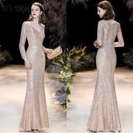 It's Yiiya Evening Dress Long Sleeve Robe De Soiree Elegant V-neck Formal Gowns For Women Gold Sequins Evening Dresses LJ201118