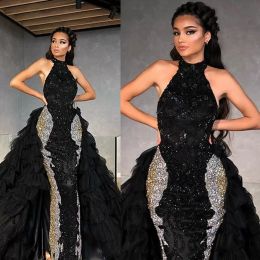 Black Sparkly Evening Dresses With Detachable Train Halter Beaded Sequins Prom Gown Cascading Ruffles Floor Length Formal Party Gown CG001