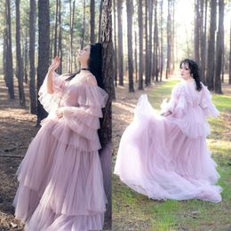 Illusion Tiered Ruffles Photoshoot Dress Pregnant Women Winter Kimono Party Prom Gowns Sleepwear Bathrobe Ladies Nightgown Robe