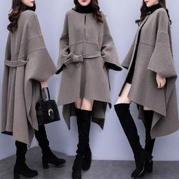 Women's Wool & Blends 2021 Autumn Winter Female Cloak Woolen Coat Coats Women Korean Loose Long High Quality Overcoat Plus Size 3XL