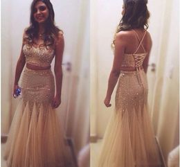 Sparkly Gold Sequins Prom Dresses Criss Cross Straps Two Piece Mermaid Long Bling Special Occasion Dress For Girls Floor Length Plus Size