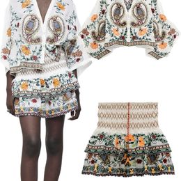 summer women's clothing all-match low-cut V-neck contrast embroidered shirt and high-waist skirt bust 220302