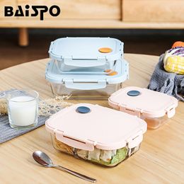 Baispo Glass Blue Lunch Box With Compartment Leakproof Food Container Microwave Bento Box Kitchen Meal Prep Storage Container T200710